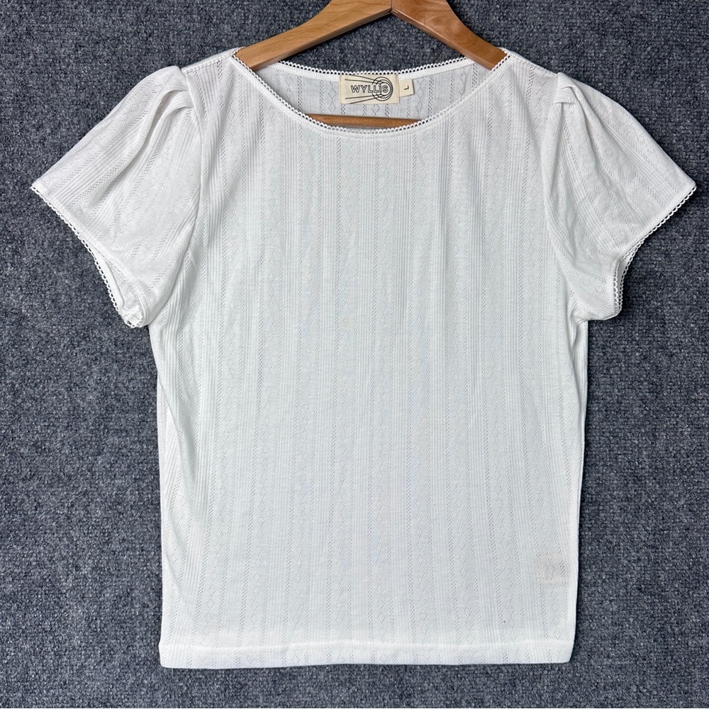 Wyllis pointelle baby tee puff sleeve top LG lace trim boat neck white preppy